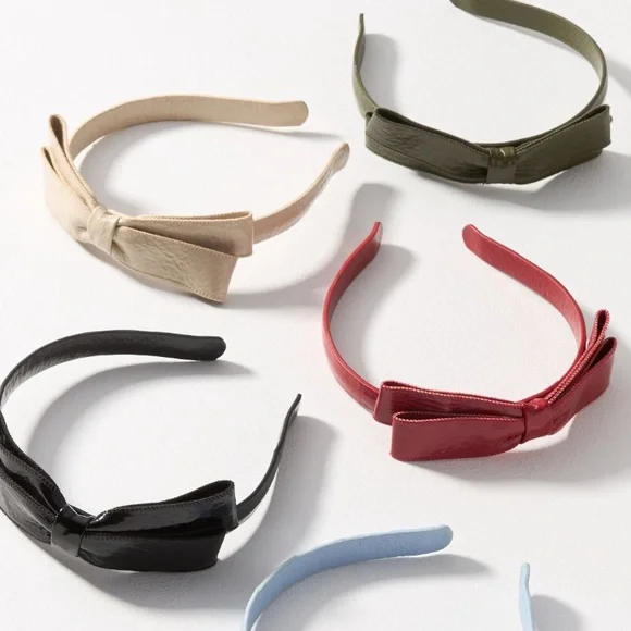 Anthropologie Violet & Brooks Faux Leather Olive Green Bow Headband - Picture 2 of 5